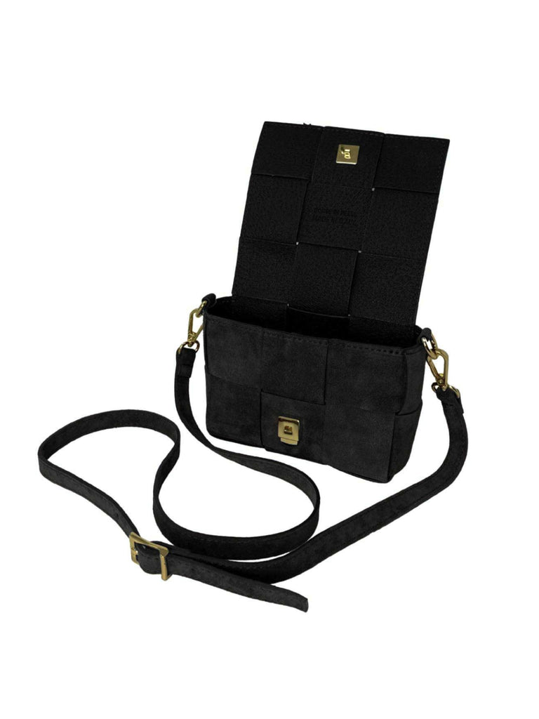 Handtasche klein, geflochten, schwarz, Ansicht offen