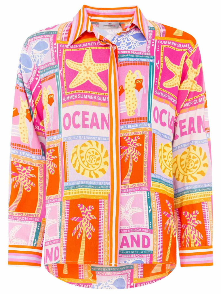 Bluse mit Print Beach Vibes pink, Ansicht vorn