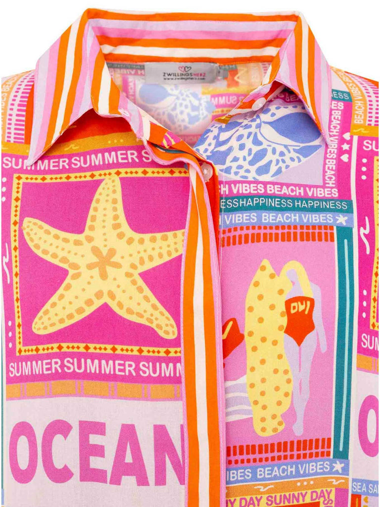 Bluse mit Print Beach Vibes pink, Ansicht Detail vorn