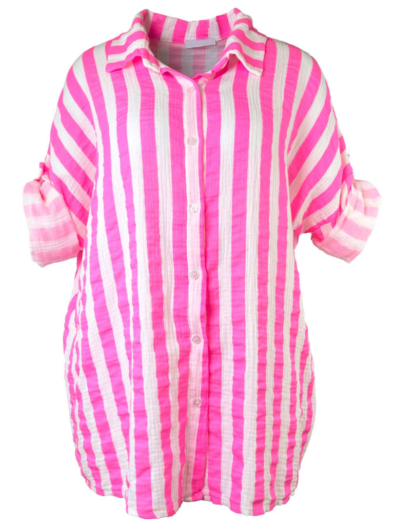 Musselinbluse, neon pink gestreift, Ansicht vorne