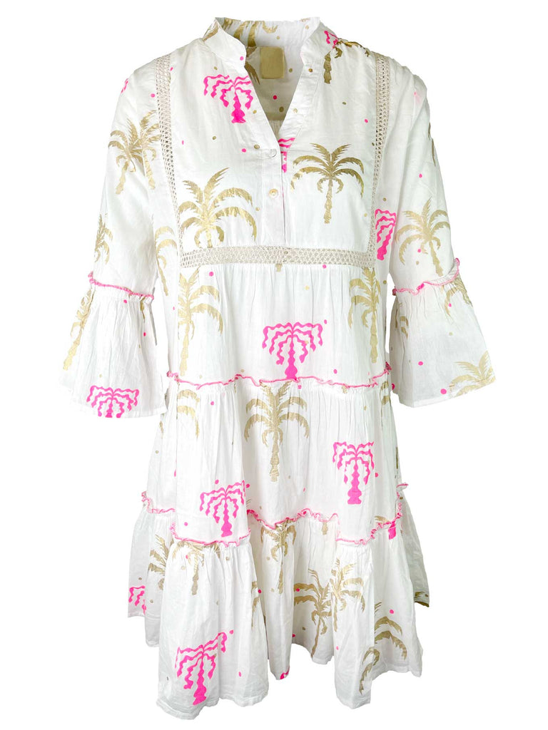 Kleid kurz, Palmen Print, weiß pink gold, Ansicht vorne