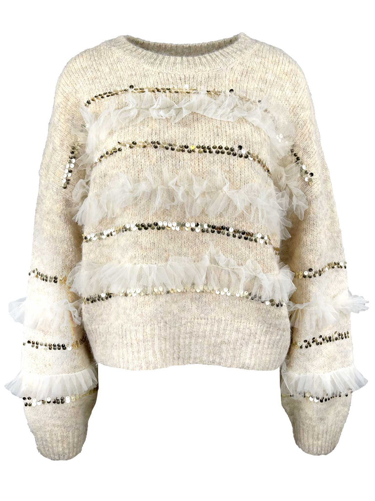 Strickpullover, mit Pailetten und Tüll, beige, Ansicht vorne