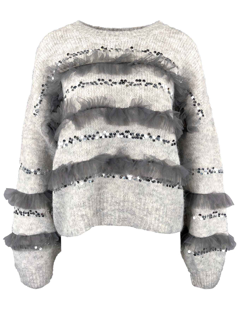 Strickpullover, mit Pailetten und Tüll, hellgrau, Ansicht vorne