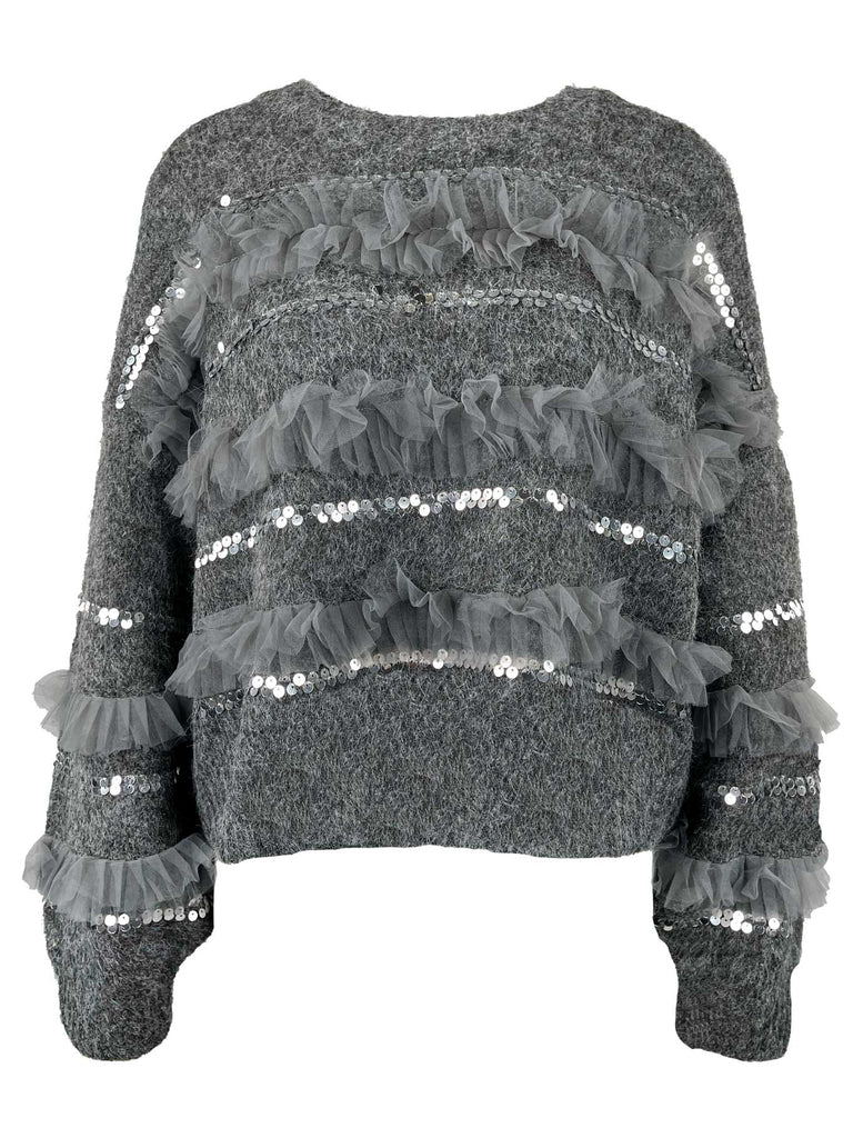 Strickpullover, mit Pailetten und Tüll, anthrazit, Ansicht vorne