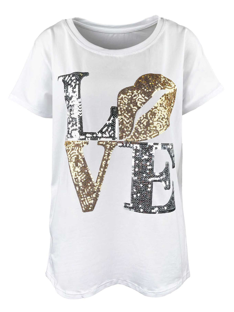 T-Shirt, Love-Schriftzug mit Pailetten in gold und silber, weiß, Ansicht vorne