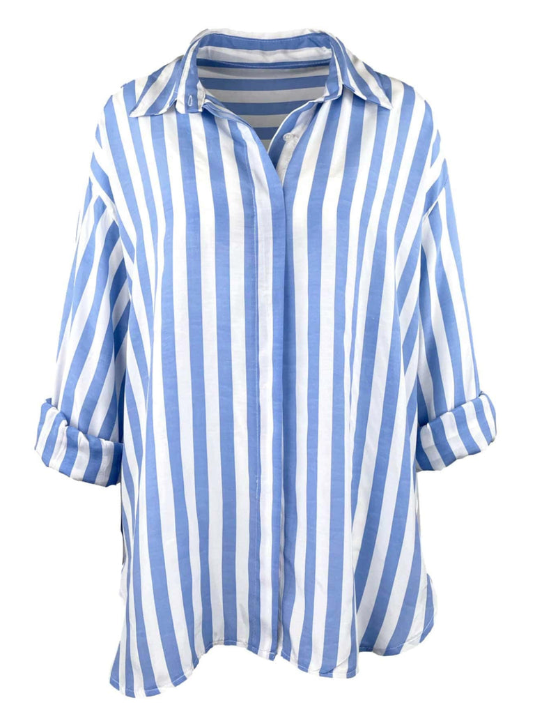 Bluse, gestreift, mittelblau, Ansicht vorne