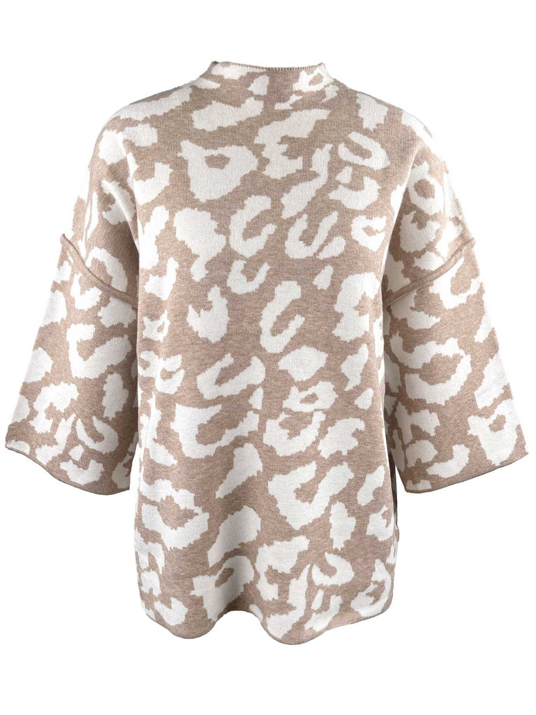 Pullover, Stehkragen, kurzarm, Leo-Muster, beige, Ansicht vorne
