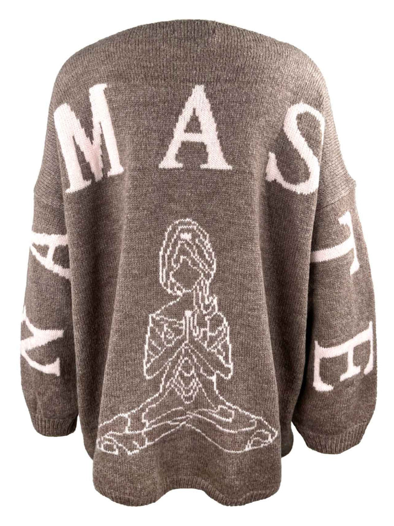 Pullover, Strick, Schriftzug Namaste, taupe, Ansicht hinten