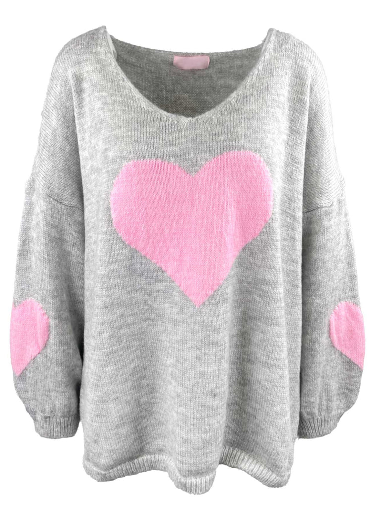 Strickpullover, grau mit rosa Herz, Ansicht vorne