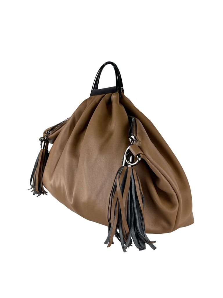 Tasche mit Silberhenkel braun, Ansicht seitlich