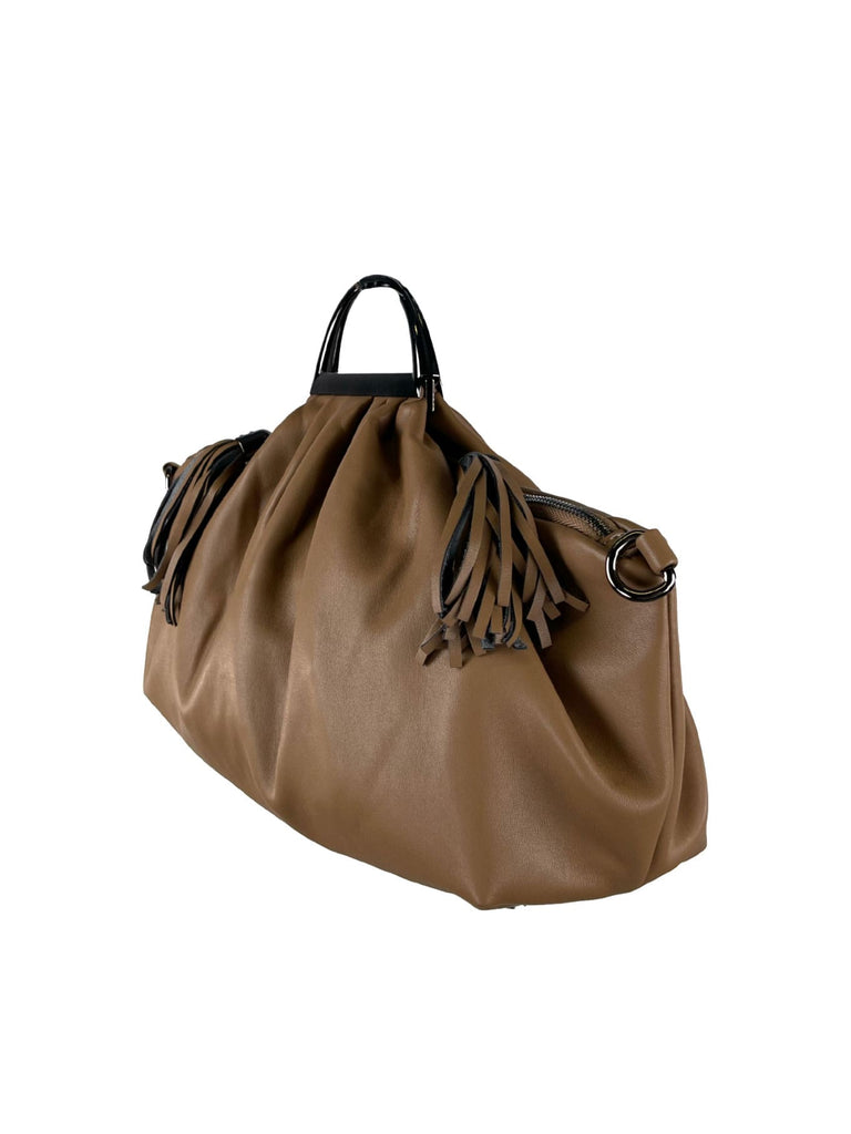 Tasche mit Silberhenkel braun, Ansicht seitlich