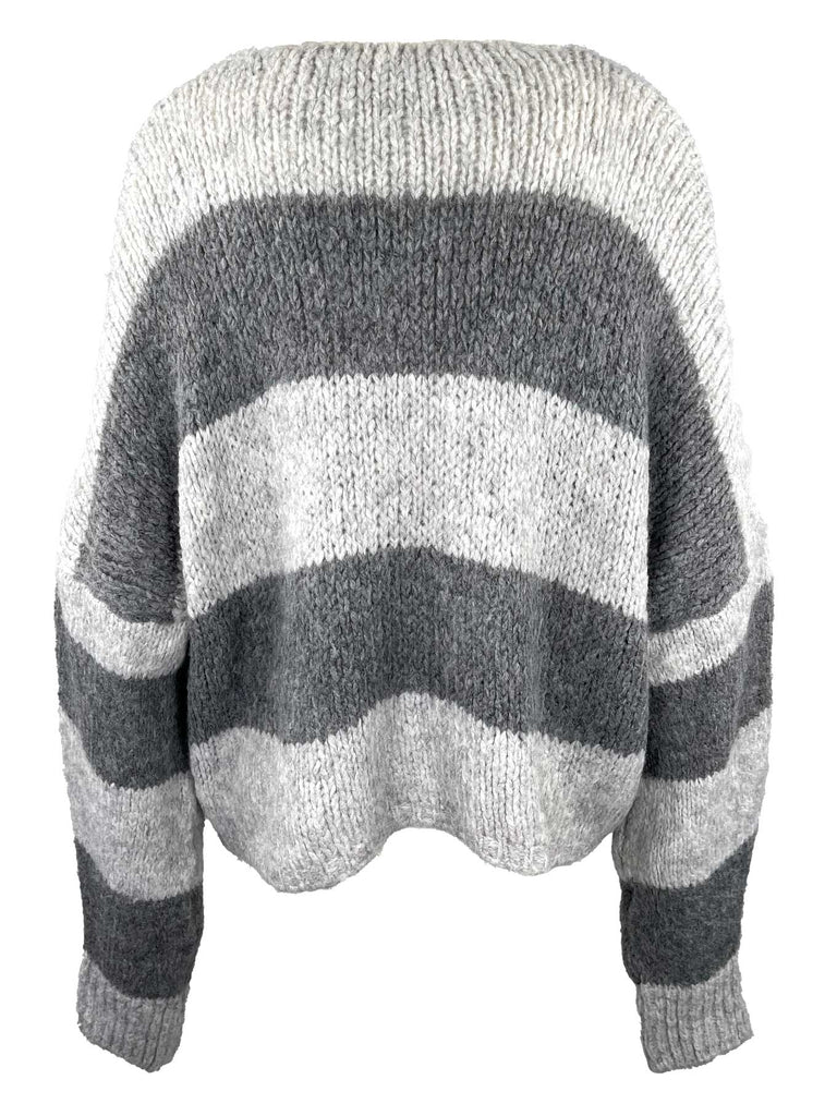 Strickjacke mit Bändern, grau gestreift, Ansicht vorne