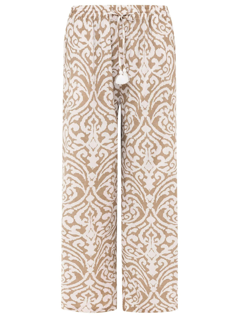 Lange Hose mit Ornament-Print beige weiß, Elastischer Taillenbund mit Tunnelzug und Band Ansicht vorn