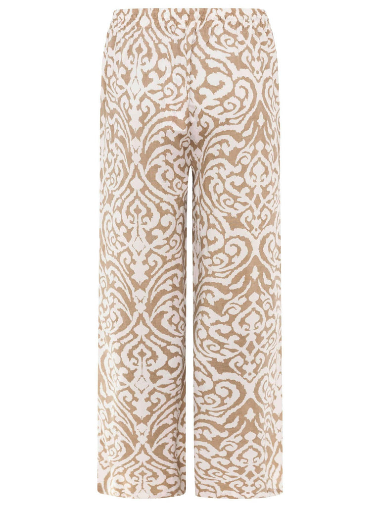 Lange Hose mit Ornament-Print beige weiß, Elastischer Taillenbund mit Tunnelzug Ansicht hinten