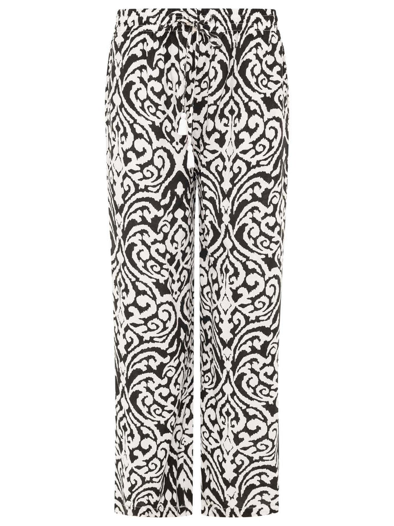 Lange Hose mit Ornament-Print schwarz weiß, Elastischer Taillenbund mit Tunnelzug und Band Ansicht vorn