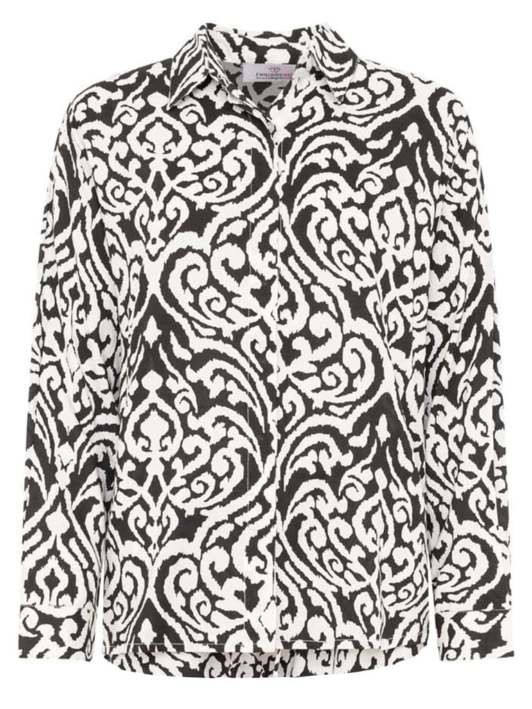 Bluse Langarm mit Ornament Print schwarz weiß Ansicht vorn