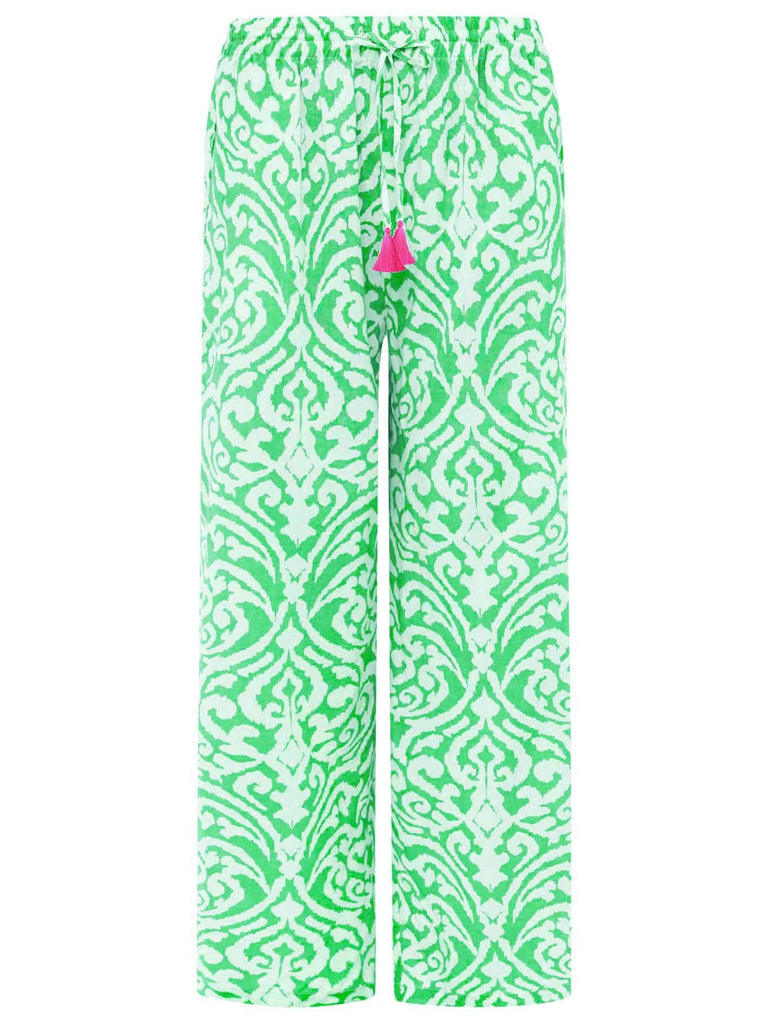 Lange Hose mit Ornament-Print grün weiß, Elastischer Taillenbund mit Tunnelzug und Band Ansicht vorn