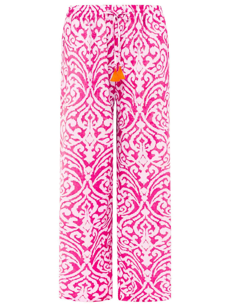 Lange Hose mit Ornament-Print pink weiß, Elastischer Taillenbund mit Tunnelzug und Band Ansicht vorn