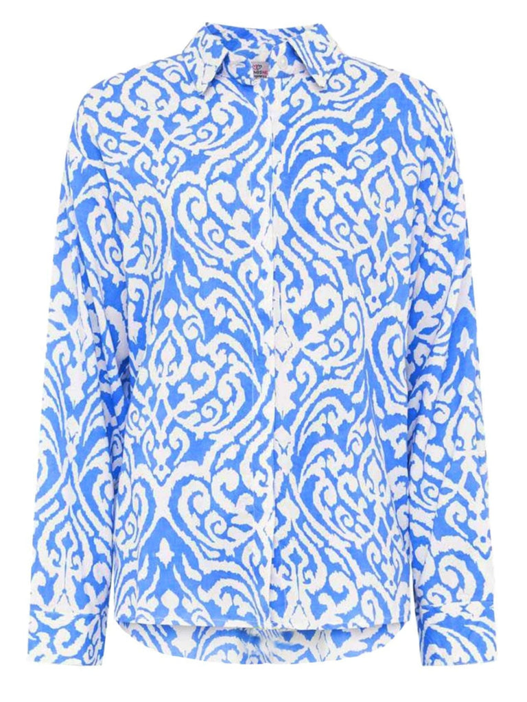 Bluse Langarm mit Ornament Print blauweiß Ansicht vorn