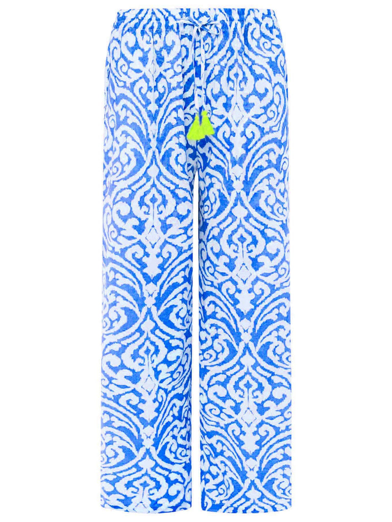 Lange Hose mit Ornament-Print blau weiß, Elastischer Taillenbund mit Tunnelzug und Band Ansicht vorn