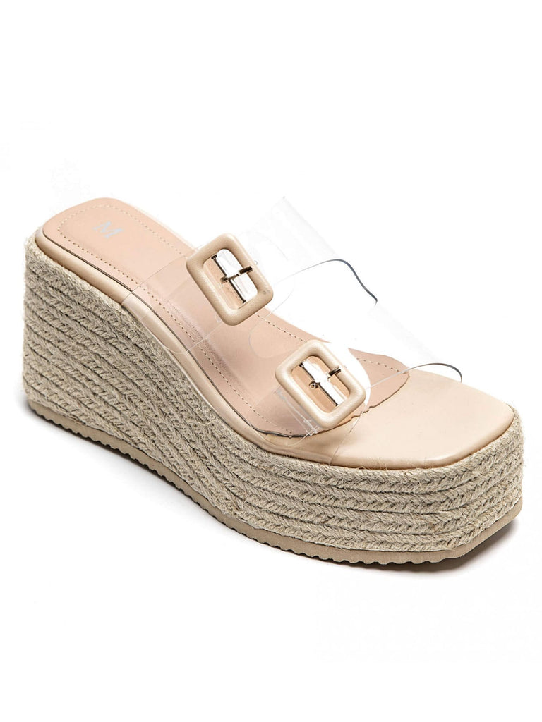 Plateau Pantolette, beige, Bastsohle, transparenter Riemen, mit Schliessen Ansicht seitlich