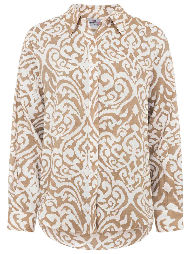 Bluse Langarm mit Ornament Print beige weiß Ansicht vorn