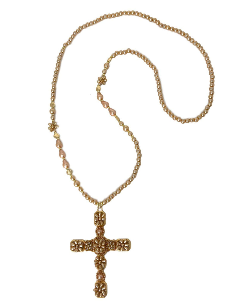 Lange Kette mit Kreuz rosegoldfarben, Perlen und Strassverzierung