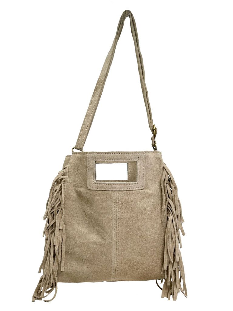 Tasche mit seitlichen Fransen beige, Ansicht vorn