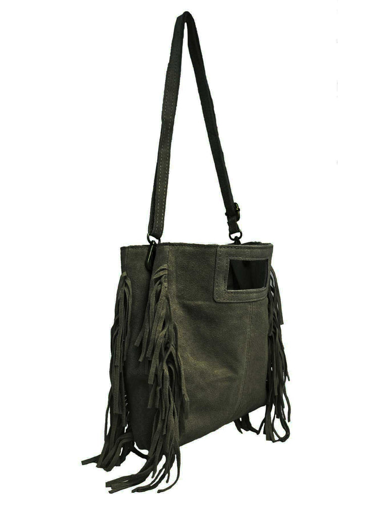 Tasche mit seitlichen Fransen oliv, Ansicht seitlich