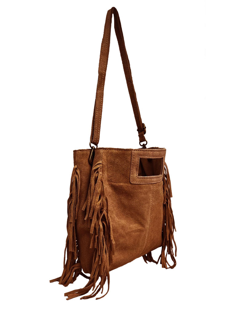 Tasche mit seitlichen Fransen braun, Ansicht seitlich