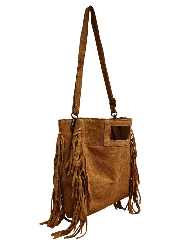 Tasche mit seitlichen Fransen camel, Ansicht seitlich