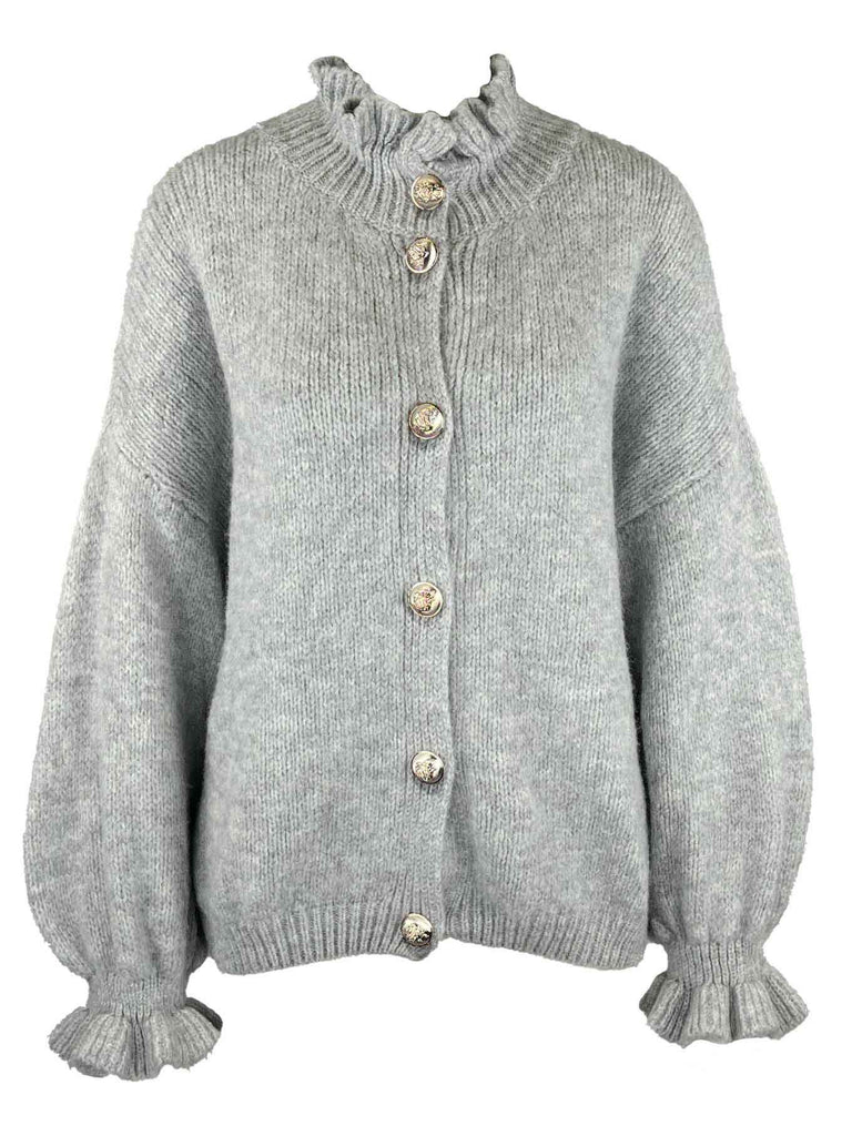 Strickjacke Goldknopf hellgrau, Ansicht vorn