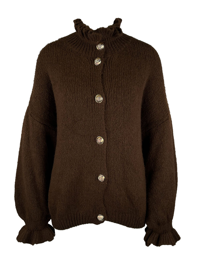 Strickjacke Goldknopf schokobraun, Ansicht vorn