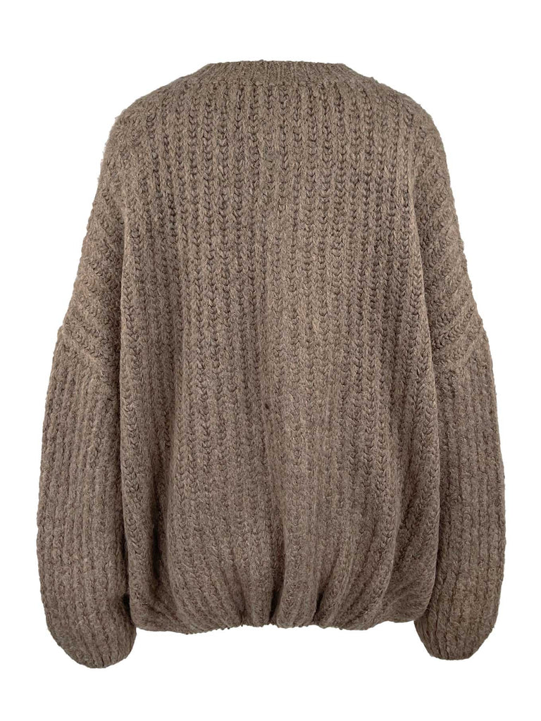 Strickjacke Goldknopf Rippstrick taupe, Ansicht hinten